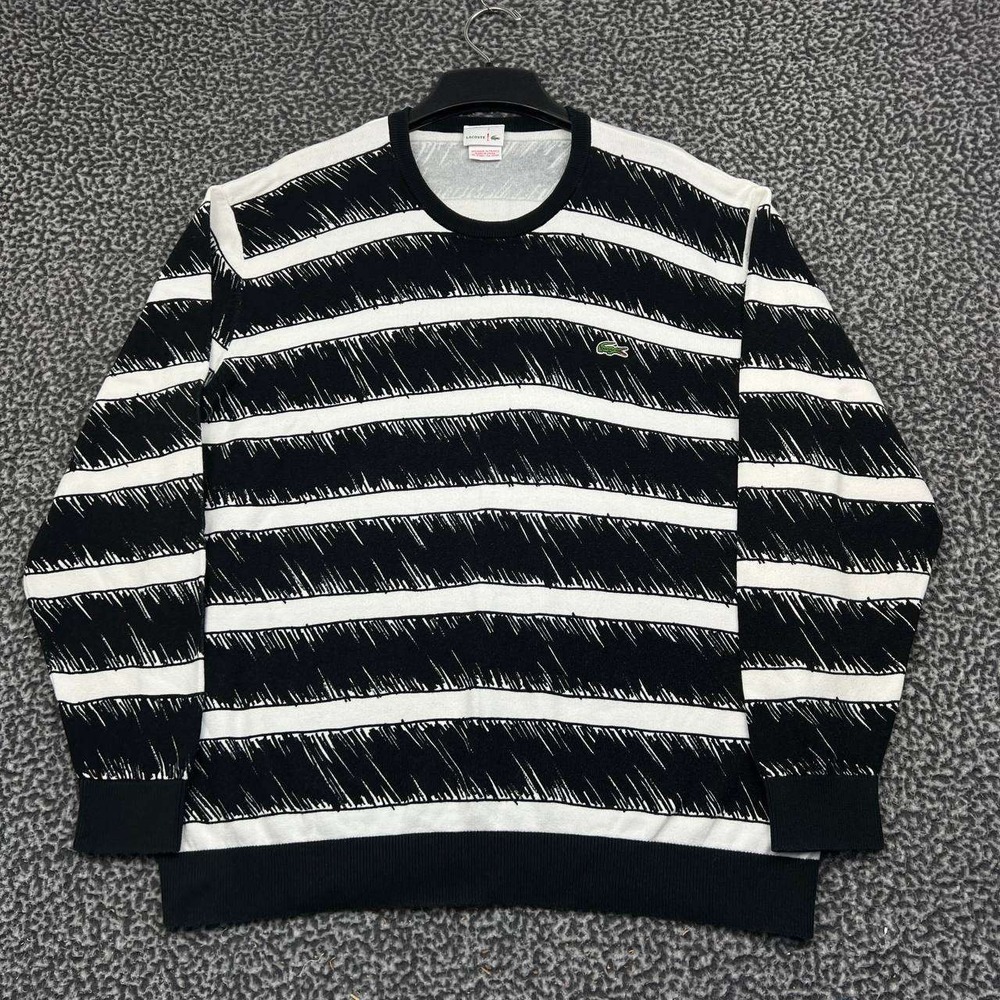 Lacoste Sweater Men 7 Black White Striped Cotton Knit Crewneck Long Sleeve XL